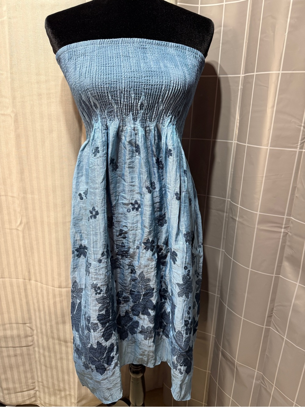 Boho Resort Lapis Blue Floral Smocked Strapless Dress
